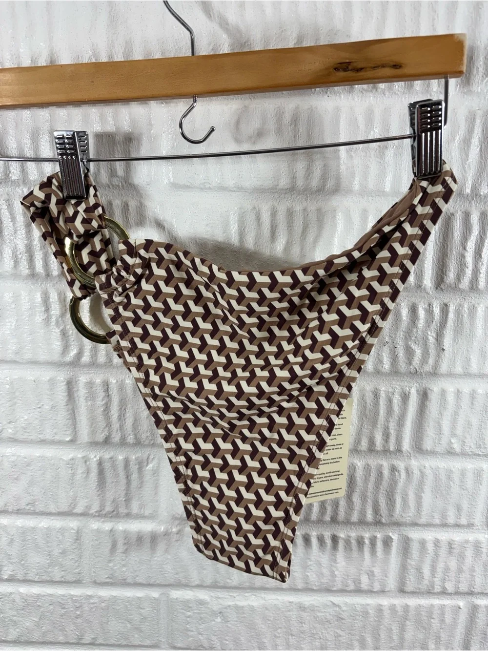 Monday Swimwear Brown White Geo-Print Bikini Bottom with Gold Rings